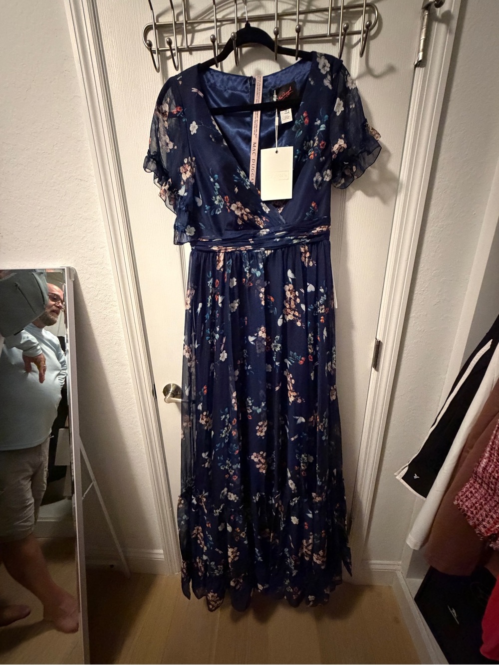 Mac Duggal Navy Floral Wrap Maxi Gown